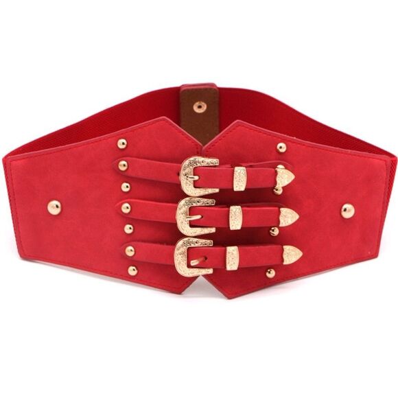Red Wide Elastic Corset Belt Triple Buckle Detail Western Gold Accents Cincher - Picture 2 of 6